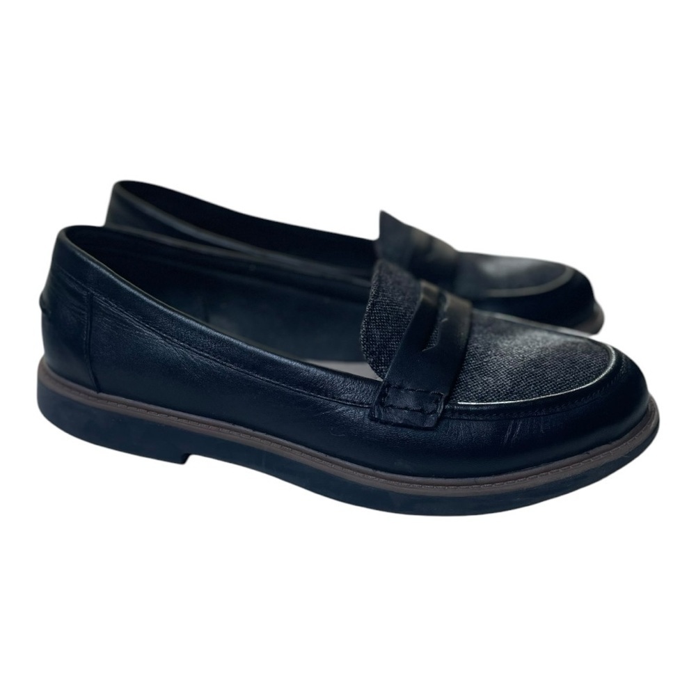 Clarks Women’s Raisie Eletta Black Leather Tweed Penny Loafers